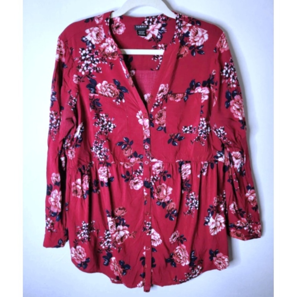 Torrid‎ Emma Babydoll Challis Long Sleeve Button Down Top Women's Size 1X Floral